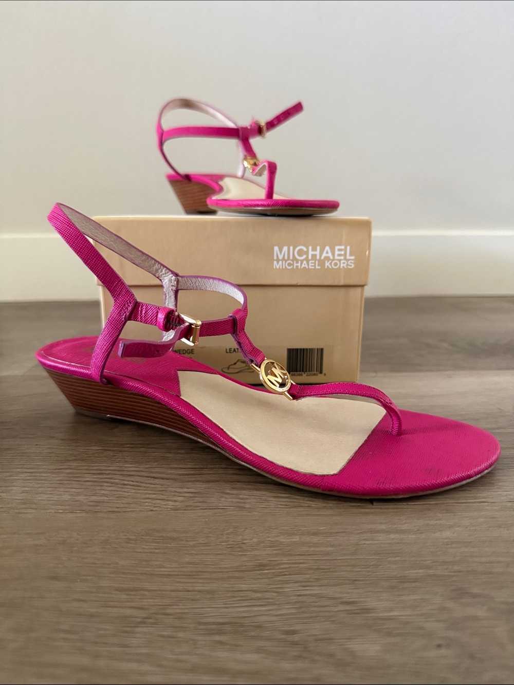 Michael Kors Fuchsia T-Strap Wedge Sandals with Gold MK Charm